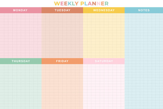 colorful weekly planner featuring a minimalist striped background in a variety of solid colors. weekly planner template with plain colors.