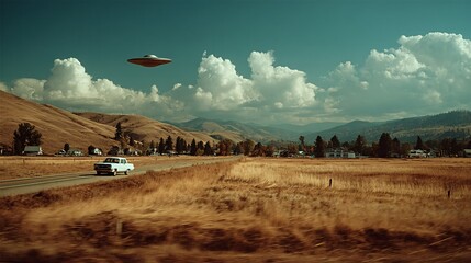Vintage Car on Rural Road with UFO in the Sky Above Landscape
