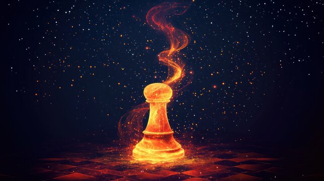 Fiery pawn chess piece, dark space, burning, strategy game, digital art