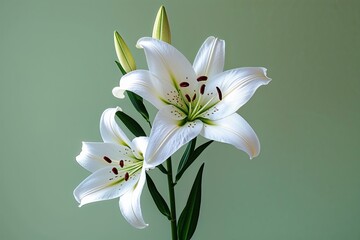 Fototapeta premium Delicate White Lily Flower Isolated on Pale Green Background
