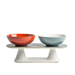 Decorative scale showcasing two vibrant bowls in contrasting colors on a minimalist stand, scale with two different colored bowls on it, Transparent background