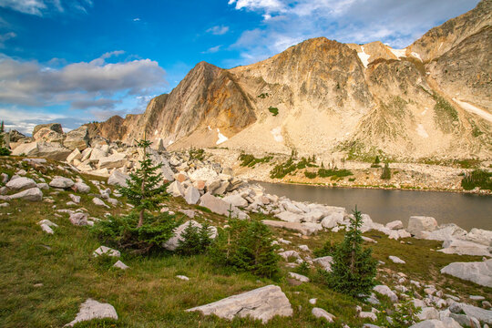 USA, Wyoming, Medicine Bow National Forest. Landscape with Lookout Lake and mountain.