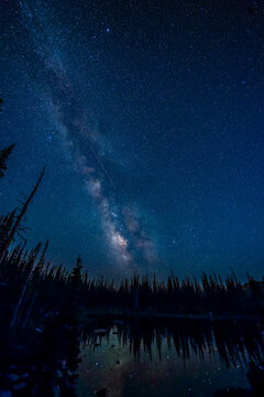 Wyoming, Medicine Bow National Forest. Milky Way and shooting stars from Perseids meteor shower.