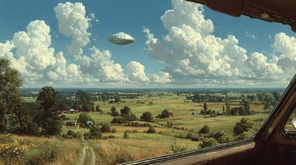 Futuristic UFO Over Rolling Meadow Landscape with Dramatic Clouds