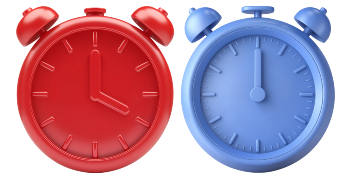 Red and Blue Alarm Clocks with Bells on Transparent Background