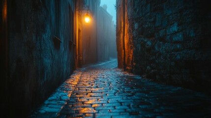 Foggy Cobblestone Alley at Night