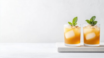 Fototapeta premium Refreshing iced tea cocktails, garnished with mint sprigs. Two glasses filled with ice and a light amber-colored beverage, resting on a white surface