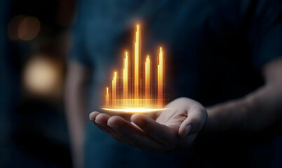 Creative Male Hand Holding Glowing Data Visualization with Candles