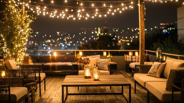 A chic rooftop party setting with fairy lights and elegant decor
