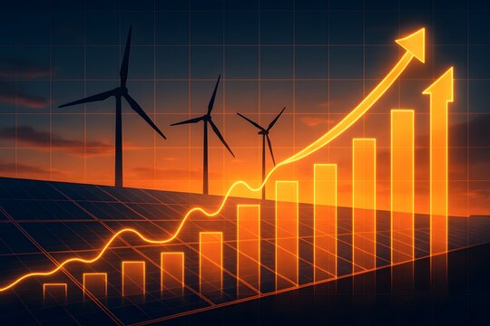 Photovoltaic power station with double exposure of digital financial chart graphs and stock market. Increase or rising in electricity prices on the world market. Green energy in full development