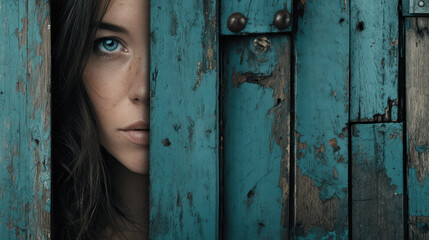 Fototapeta premium woman face peeks through weathered blue wooden doors, revealing curiosity