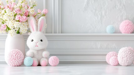 Adorable bunny toy springtime scene pastel colors easter decoration whimsical design