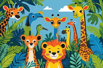 Playful Jungle Animal Illustration with Bright Colors and Lively Line Art for Vibrant Wallpaper and Card Design