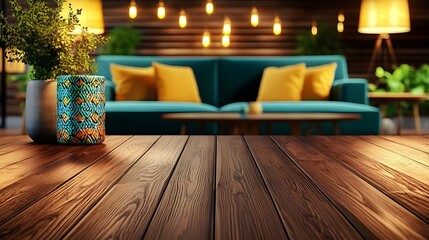 Fototapeta premium Wooden Tabletop Mockup, Teal Sofa, Boho Decor - Bohemian style