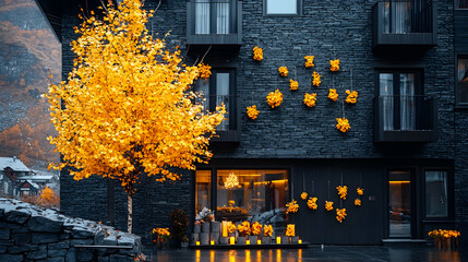 Modern alpine hotel exterior, autumnal ambiance
