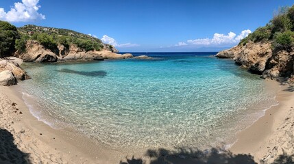 Naklejka premium A wide panoramic view of a sandy beach with clear turquoise water