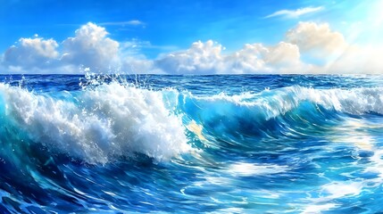 Ocean Waves, Blue Sea, Sunny Sky - Vibrant colors