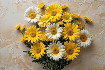 Fototapeta premium Joyful Yellow Daisies Displayed on Creamy Background - Overhead Floral Arrangement Shot