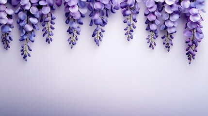 A beautiful display of cascading purple wisteria flowers against a soft, light background, creating an elegant and serene atmosphere.