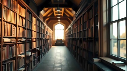 Stacks of old books on wooden shelves in a vintage library with bright windows create a quiet learning atmosphere