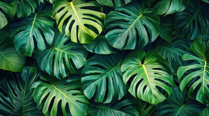 A vibrant texture of large palm leaves overlapping on a flat surface