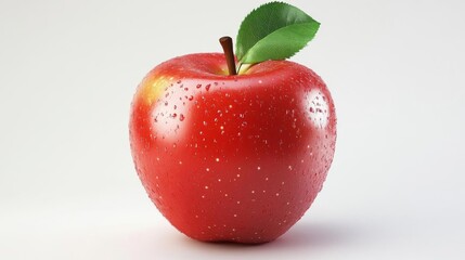 Fresh Red Apple with Leaf and Water Droplets