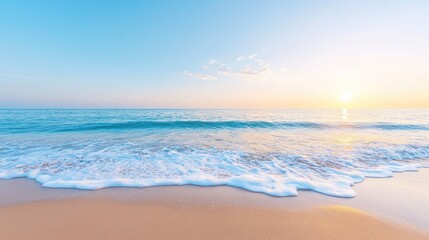 Serene sunrise beach scene peaceful ocean waves soft pastel colors calm sea horizon