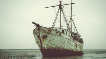 Abandoned weathered ship grounded on mudflats