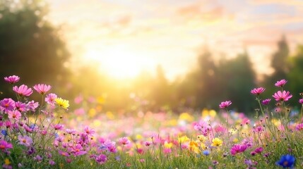 Dreamy sunrise wildflower field soft focus background image pastel colors tranquil peaceful serenity