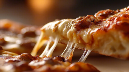 Nahaufnahme eines Pizzast&uuml;cks mit geschmolzenem K&auml;se, der in langen F&auml;den gezogen wird, auf dunklem Hintergrund