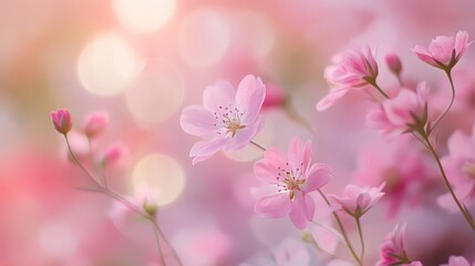 Obraz premium Gentle pink blossoms in a soft pastel bokeh, creating a serene floral dreamscape