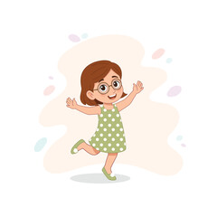 Happy Girl Jumping in Polka Dot Dress - Cute and Playful Illustration. Happy Girl Jumping illustration. 
