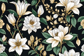 Elegant Botanical Wallpaper with Lily, Rose, and Magnolia Designs in Gold Line Art for Weddings and Celebrations
