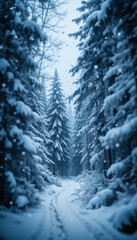 Serene Winter Path Snow softly blankets a tranquil forest trail glowing in cool blue light. AI Generated