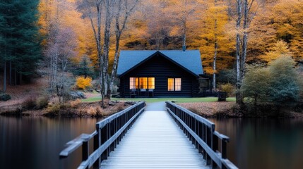 Obraz premium Autumn cabin on a lake