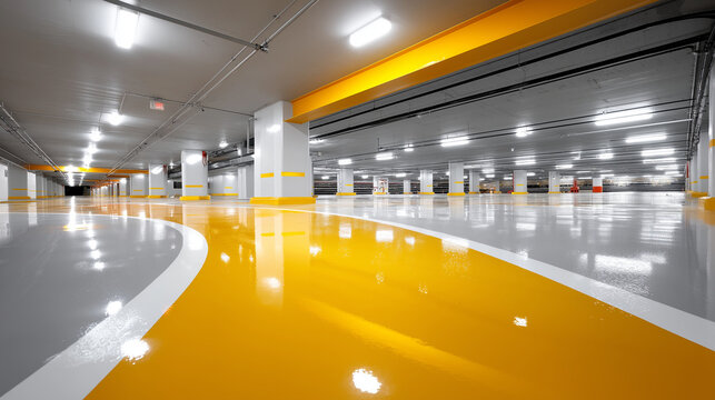 Gelbe Fahrbahnmarkierung in moderner heller Tiefgarage mit wei&szlig;em Boden