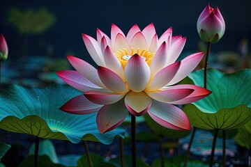 Vivid Mixed-Color Lotus Flower with Dim Background Emphasizing Diversity and Unity