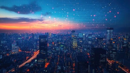 Obraz premium futuristic cityscape under the sunset sky with digital network overlays showcasing the interconnectedness and advanced technology of modern urban life creating a sense of innovation