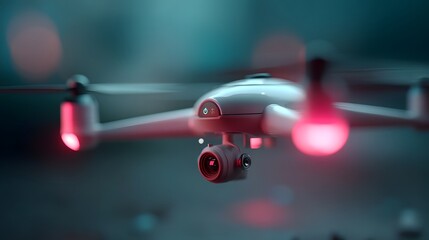 Futuristic drone emitting vibrant holographic automation symbols in a dark void