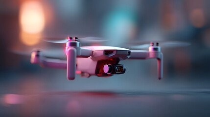 Futuristic drone emitting algorithmic holograms in a neon-lit digital landscape.