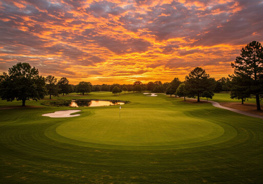 Sun setting over green golf course with red flag in the distance, casting long shadows from trees. Peaceful evening scene with vibrant colors.