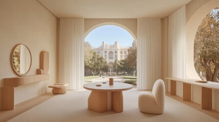 Beige minimalist interior design with large arched windows