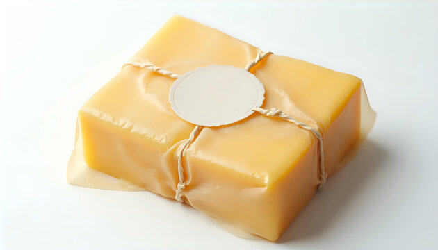 A mockup of A piece of cheese wrapped in plastic with a white circle on it.