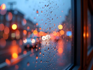 Obraz premium Bokeh shot of raindrops on windowpane with city lights in the background
