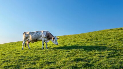 Fototapeta premium Pastoral serenity with a cow grazing on lush verdant hillside under a serene sky