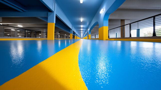 Modernes Parkhaus mit blauem Boden und gelber Fahrbahnmarkierung in perspektivischer Ansicht