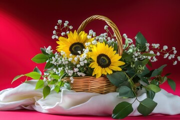 Naklejka premium Sunflowers and baby's breath in a woven basket.