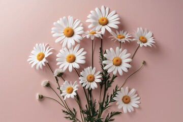 Fototapeta premium Minimalist Floral Concept Featuring White Daisy Chamomile Flowers on a Pale Pink Background for a Fresh Lifestyle and Romantic Atmosphere