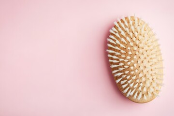 Fototapeta premium Oval wooden hairbrush on pink background