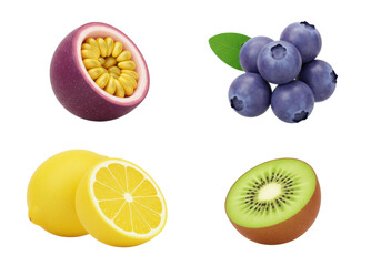 Collection of Various Fresh Fruits Including Passionfruit Blueberry Lemon and Kiwi on Transparent Background